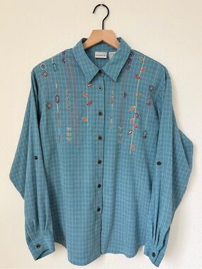Koret Blue Embroidered Women’s Button-Up Shirt Size M Vintage